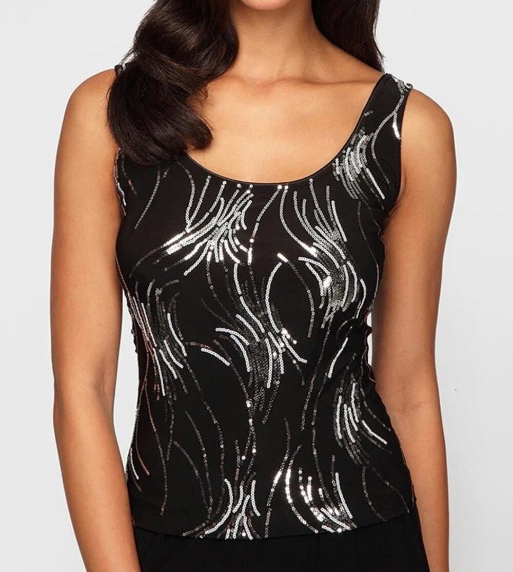 Alex Evenings Cocktail Sequined Sleeveless Top Small Black Silver Glam Hollywood